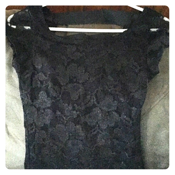 Black lace, cap sleeve, dress top.