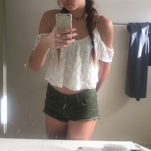 White open shoulder forever 21 lace crop top