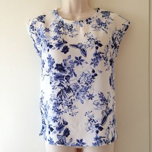 White Crew Neck Blouse with Blue Floral Print