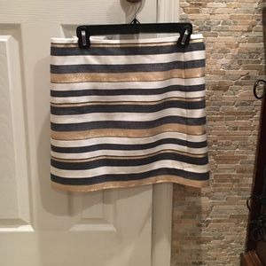 Navy and gold and white striped J.Crew skirt.