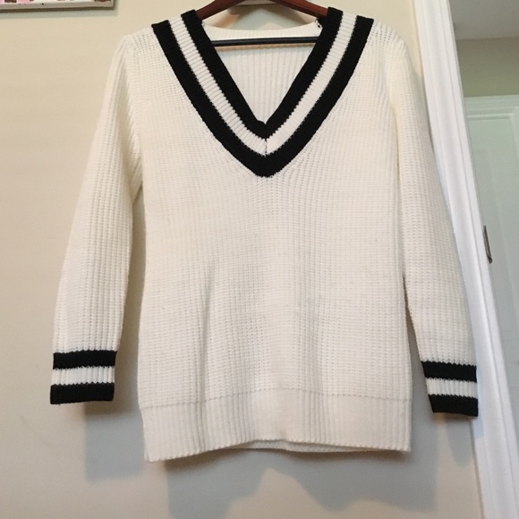 Black and white deep V varsity sweater