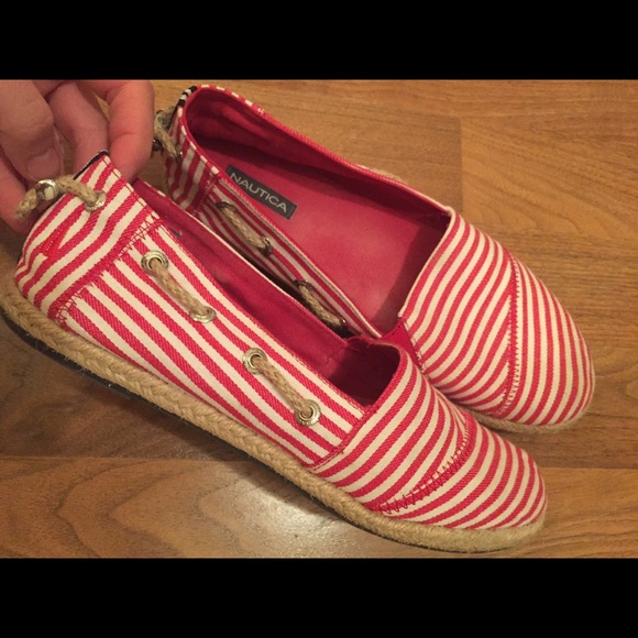red and white striped shoes