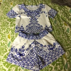 Blue and white detailed two piece set