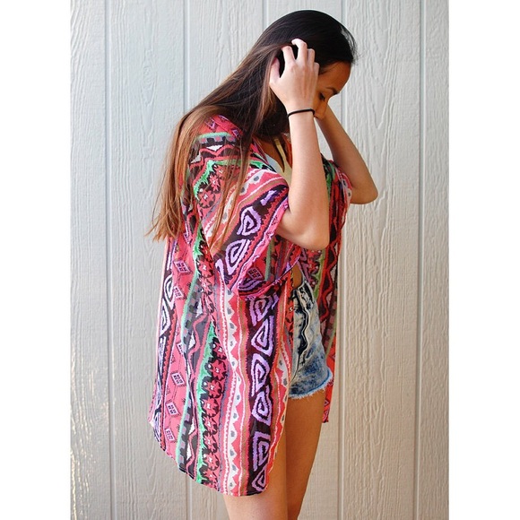 Handmade Pink Polynesian Tribal Kimono / Cover Up