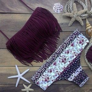 Maroon Fringe Swim Top & Floral High Rise Bottoms