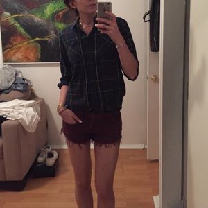 Burgundy Frayed Denim Shorts