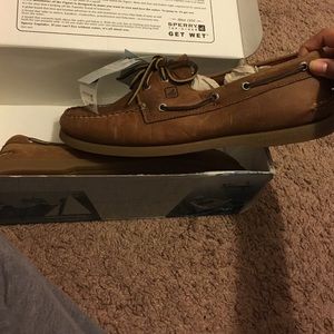 Light brown Sperrys 10.5 Men's with tags and box.