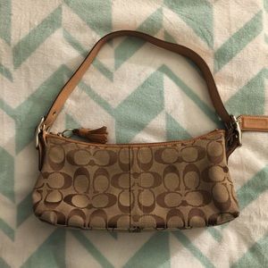 Coach small tan monogram shoulder bag