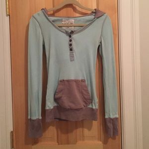 Blue and grey distressed Free People hooded shirt