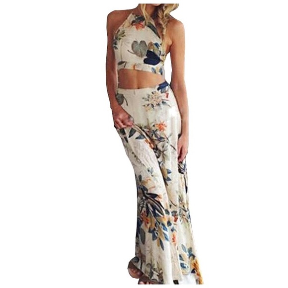 2pc Vintage Floral Halter Crop Top & Skirt