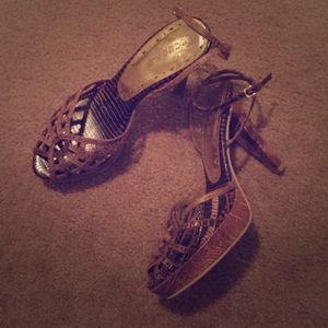 BCBG girls snakeskin ankle strap heels