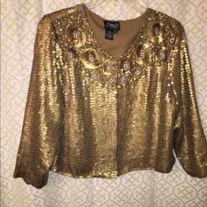 Gold Sequin jacket with small pewter details.