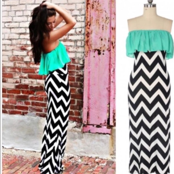 ⭐️Teal Ruffle Chevron Maxi Dress⭐️ - Picture 1 of 2