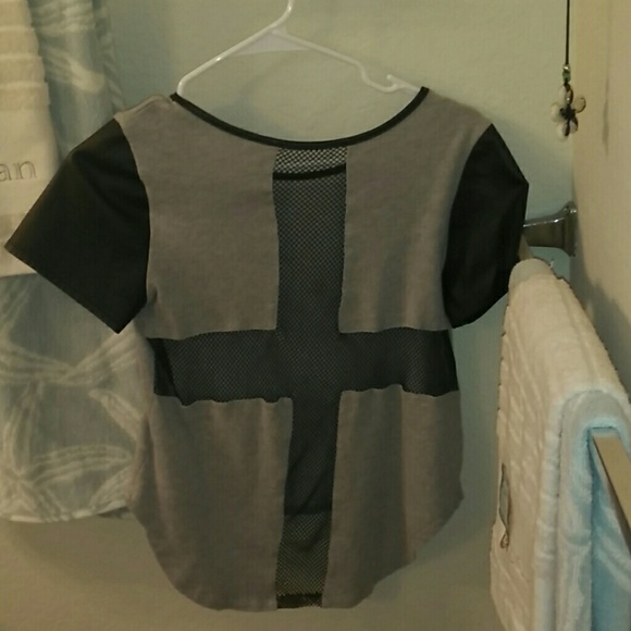 Gray Faux Leather Sleeve Crop Top Mesh Cross