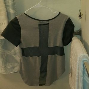 Gray Faux Leather Sleeve Crop Top Mesh Cross