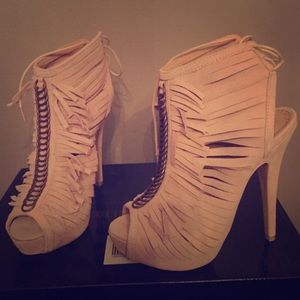 Nude Suede Fringe Heels