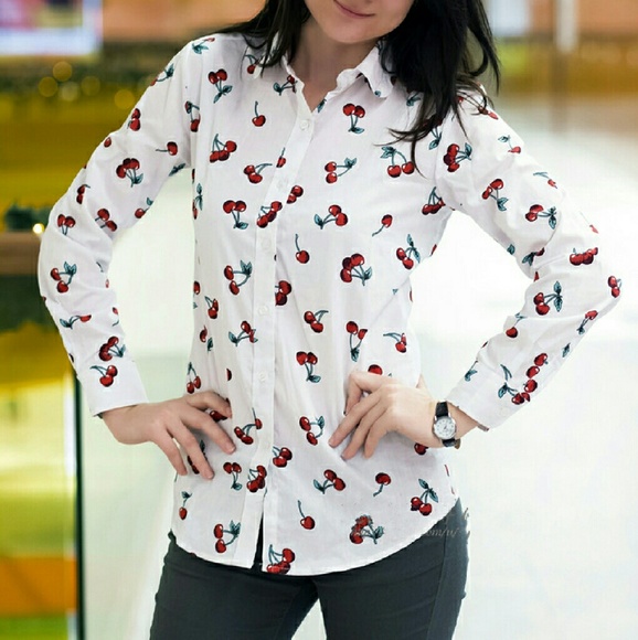   Cherry Long Sleeve Button Up Blouse  - Picture 2 of 4