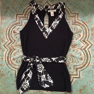 WHBM black V-neck tank w scarf-like belt