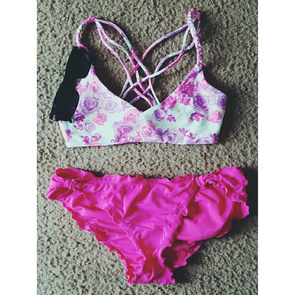 Hot Pink Floral Strappy Bikini