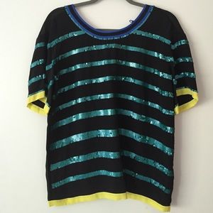 Black and teal sequin striped top
