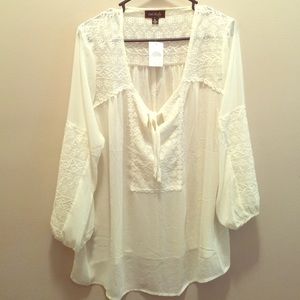 Women's Cal Style cream eyelet tie blouse size XL