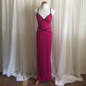 Pink long dress with black bow accents