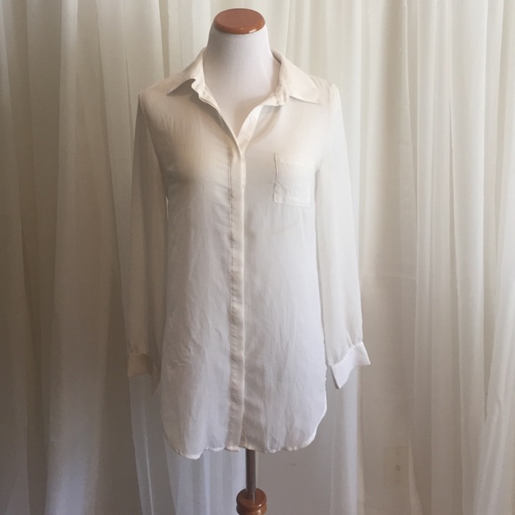 Sheer white button down with long pleated back