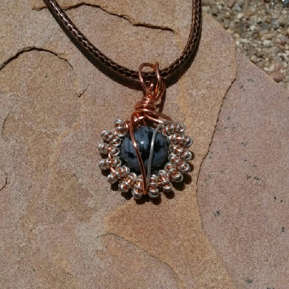 Sterling silver copper snowflake obsidian pendant