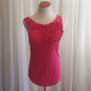 Pink tank with floral ruffle accent
