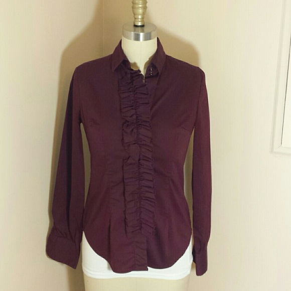 New York and Co Ruffle Front Button Down Wine