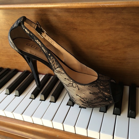 Guess - lace black/cream peeptoe slingback pumps