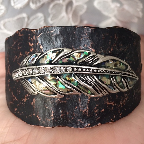 Jewelry - Rustic Abalone & Rhinestones Feather Bracelet
