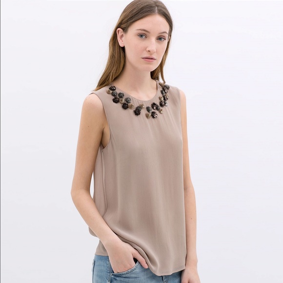 NWOT Zara Embellished Neck Blouse