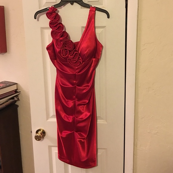 Xscape red satin stretch sheath cocktail dress