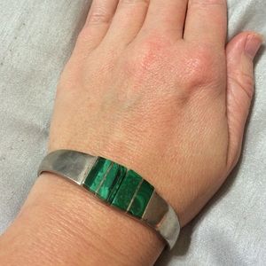 Stamped silver cuff bracelet beautiful green stone