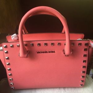 New Michael Kors Selma Coral Md Stud Satchel