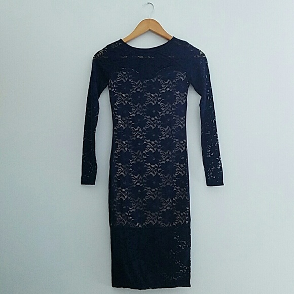 ASOS Lace Bodycon Long Sleeve Dress in Navy - Picture 3 of 4