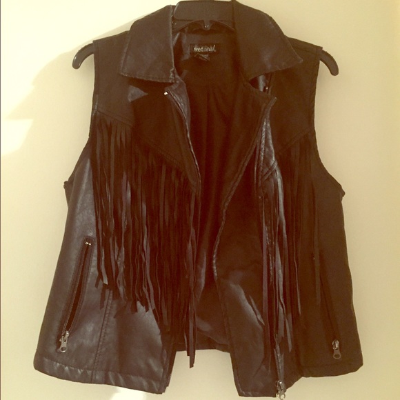 Faux leather fringe vest