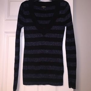 Blue and black striped v-neck sweater
