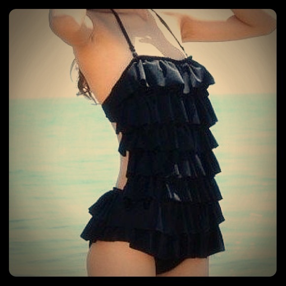 Black ruffled one piece swimsuit