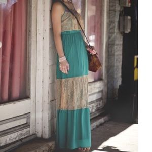 Teal maxi dress with lace and tribal detail!