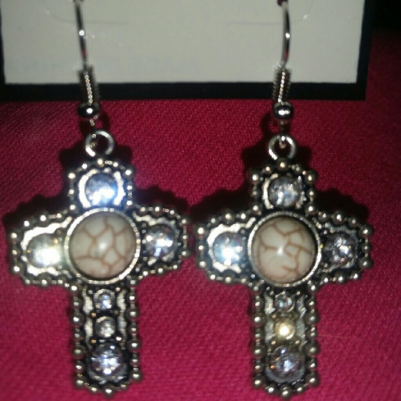 Cream white western cross earrings
