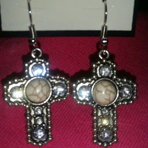 Cream white western cross earrings