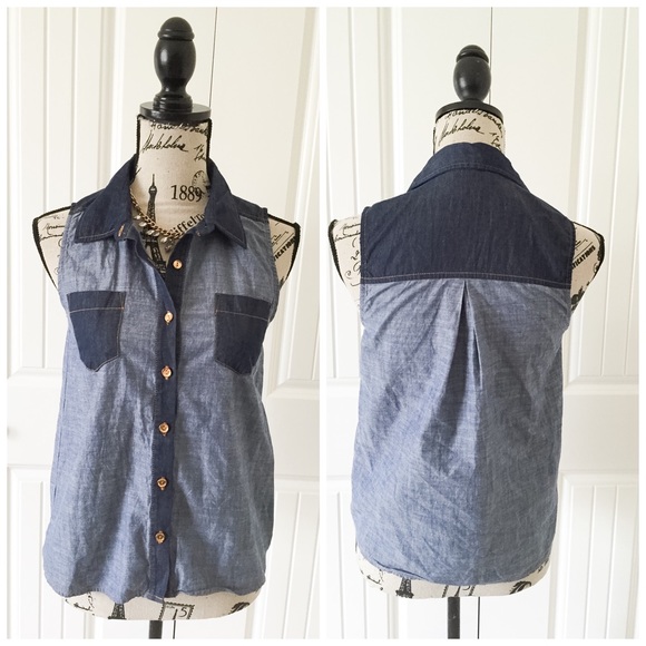 Monteau Tops - Dark & Light Chambray Sleeveless Button Down Top