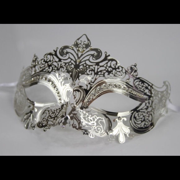 Silver Masquerade Mask Laser Cut with Rhinestones - Picture 2 of 3