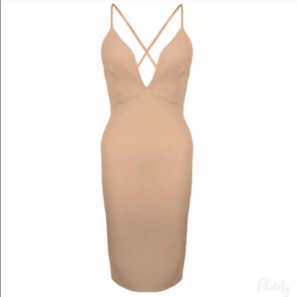 Deep Plunge Strappy Faux Suede Camel Dress