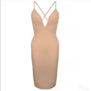 Deep Plunge Strappy Faux Suede Camel Dress