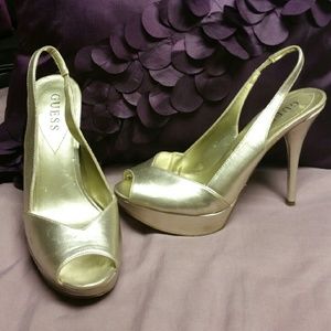 GUESS metallic gold peep toe sling back heels