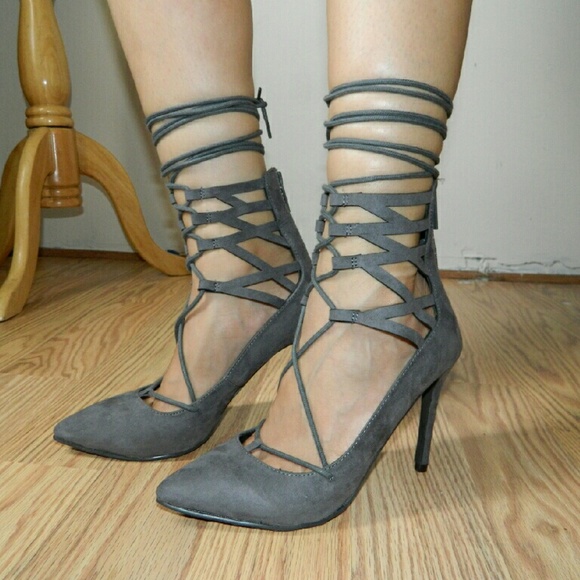 Grey lace up pointed heels new in box sz 7
