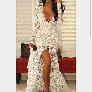 White Nude Lace Long Sleeve Plunge V Neck Dress.